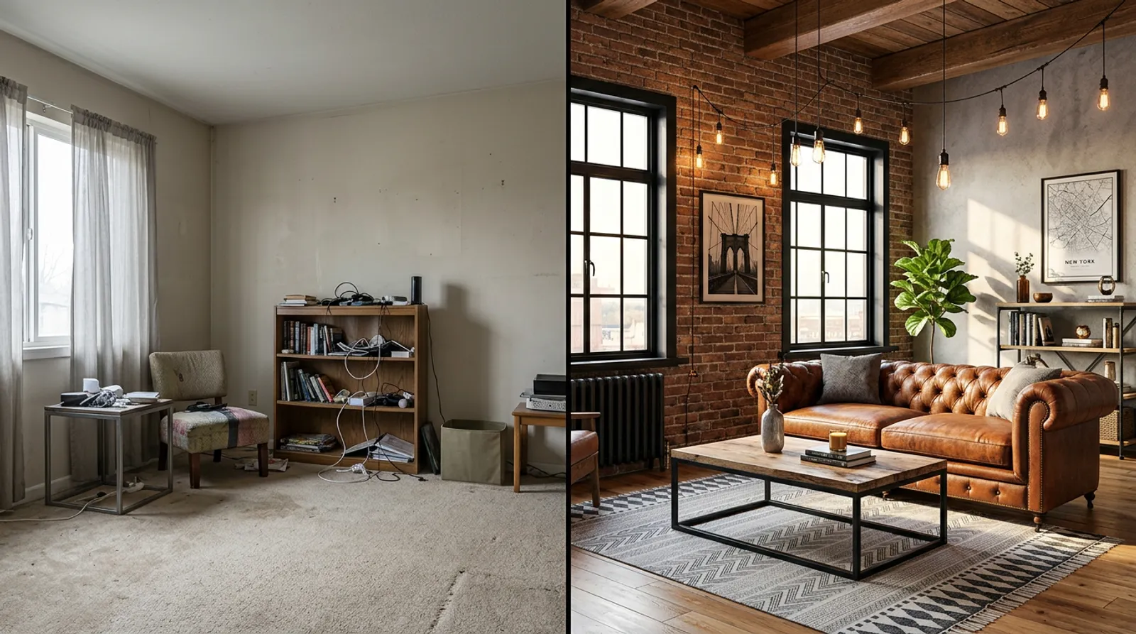 Idée d'aménagement : un salon redécoré en style industriel